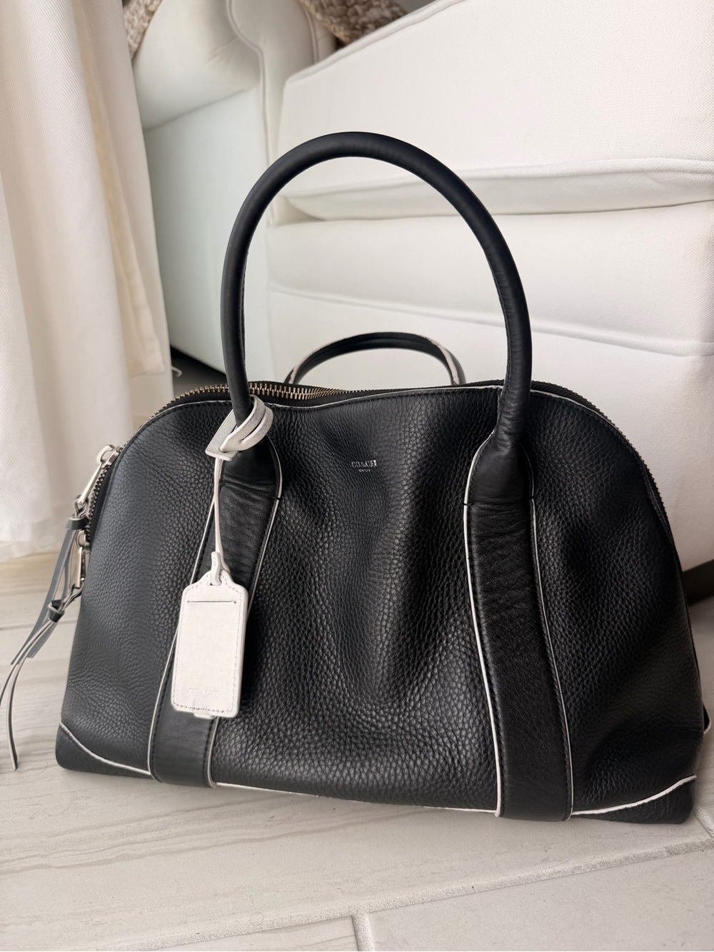 Coach Black Pebbled Leather Duffel with White Trim